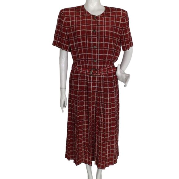 LESLIE FAY Midi Dress, XL, Dark Red Plaid, Short sleeve, Matching Belt, SS - Picture 1 of 12